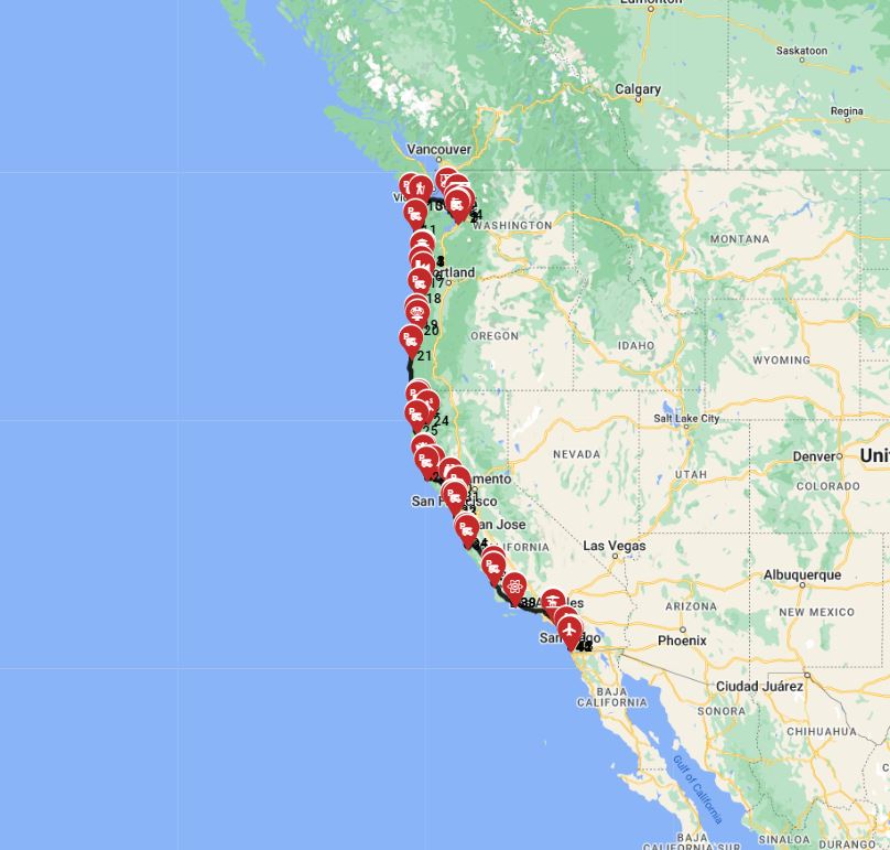 Map for Seattle to San Diego - Pacific Coast Highway